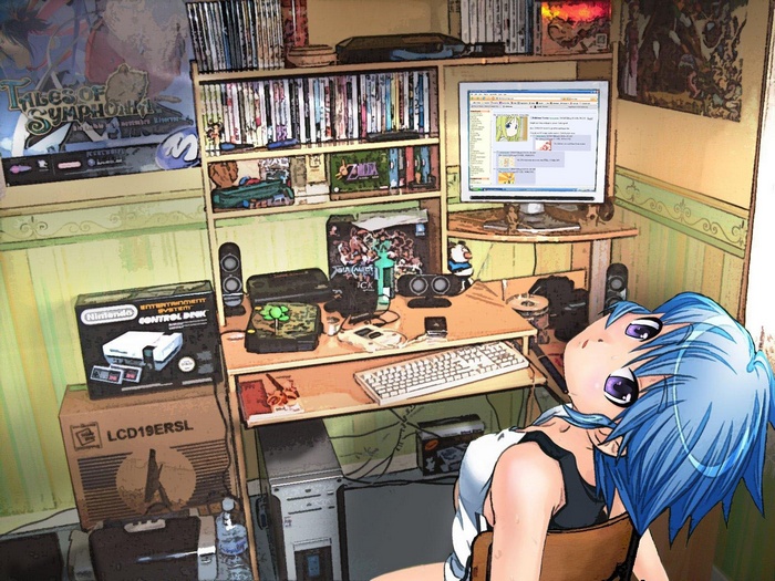 Anime girl with blue hair at a computer desk