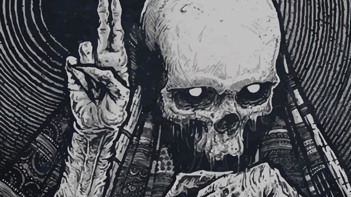 Artwork of a skeletal figure with glowing eyes