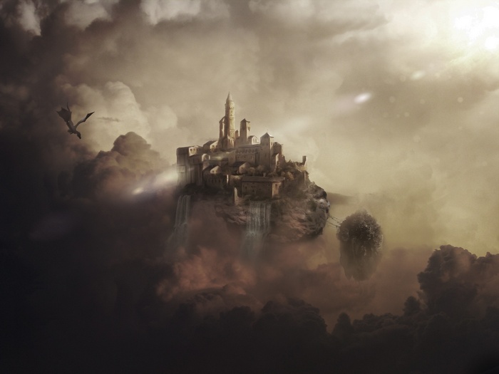 Fantasy castle on a floating island with a dragon