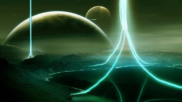 Alien landscape with planets and energy beams