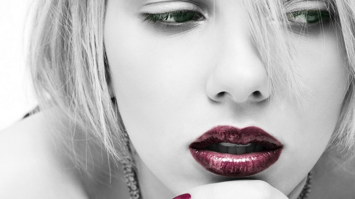 celebrity, lipstick, selective coloring, actress, lips, face, women, monochrome, Scarlett Johansson