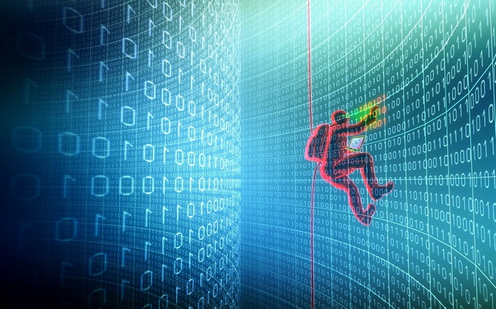 Hacker climbing a wall of binary code