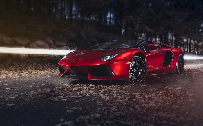 Red Lamborghini Aventador parked on a road