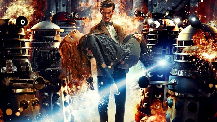 Eleventh Doctor carrying Amy Pond amidst Daleks