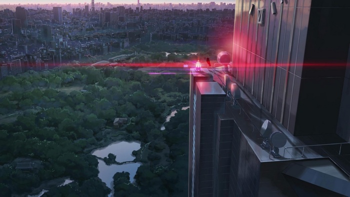 Anime cityscape at sunrise with a red lens flare