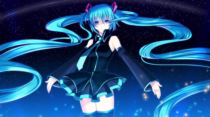 Hatsune Miku with blue twintails in starry night