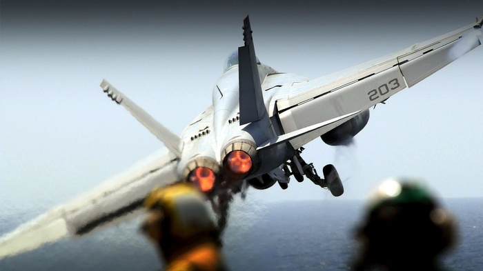FA-18 Hornet launching from aircraft carrier