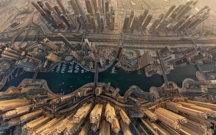 Aerial view of Dubai skyscrapers and marina