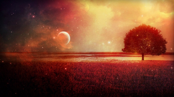 Fantasy art of a lone tree under a cosmic sky