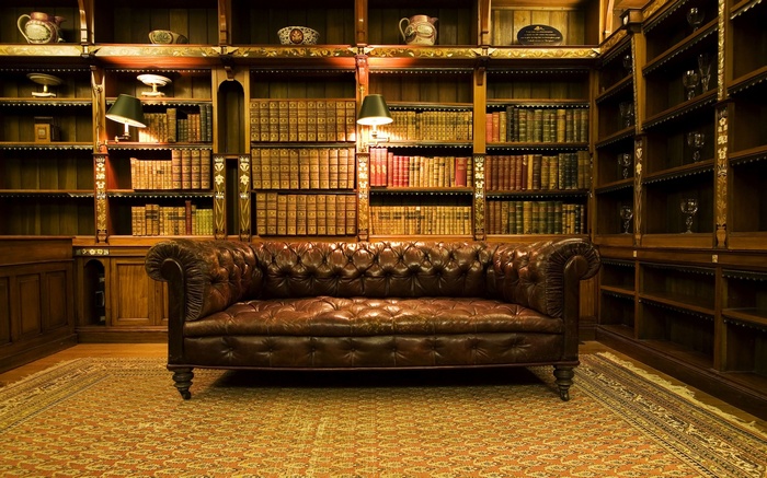 Brown leather couch in a library with bookshelves