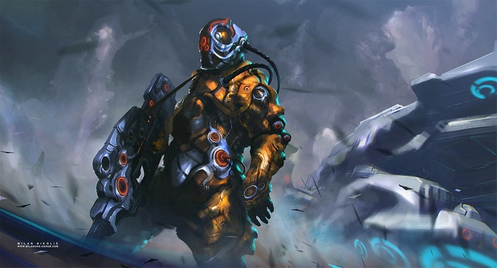 Cyborg soldier in a desolate landscape with spacecraft