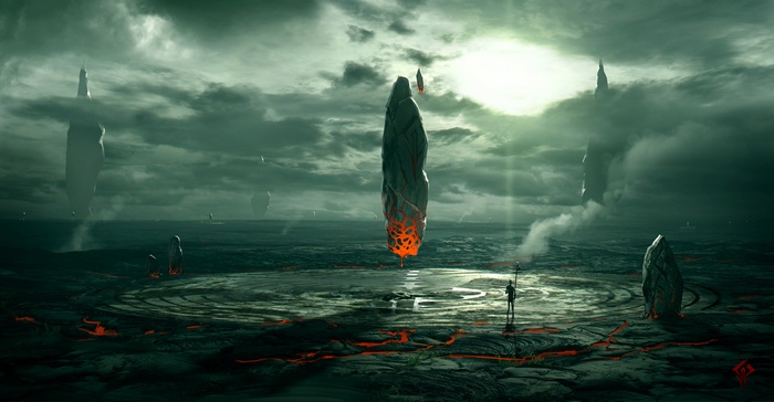 Alien landscape with floating monoliths and lava