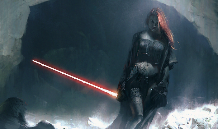 Mara Jade with a red lightsaber in a cave
