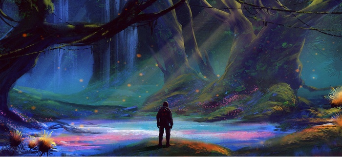 Fantasy forest with a lone figure