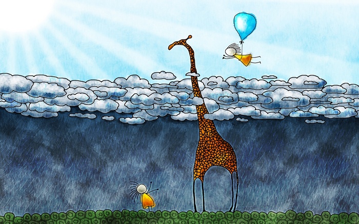 Giraffe and girl flying with balloon above clouds