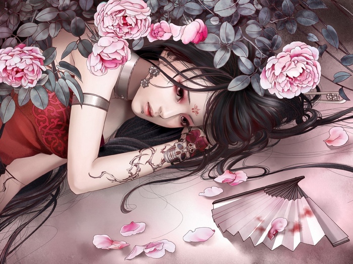 Zhang Xiao Bai Anime Fantasy Girl China Flowers Tattoo