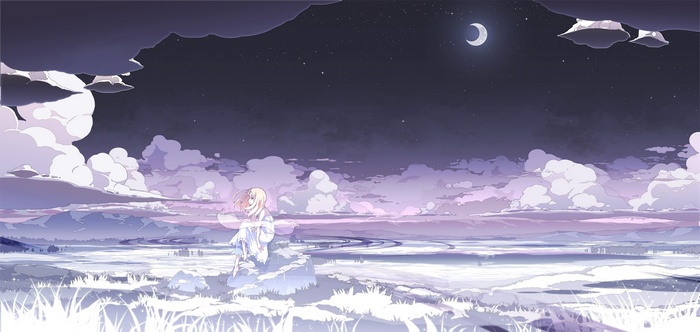 Anime girl in white dress under the moon and stars