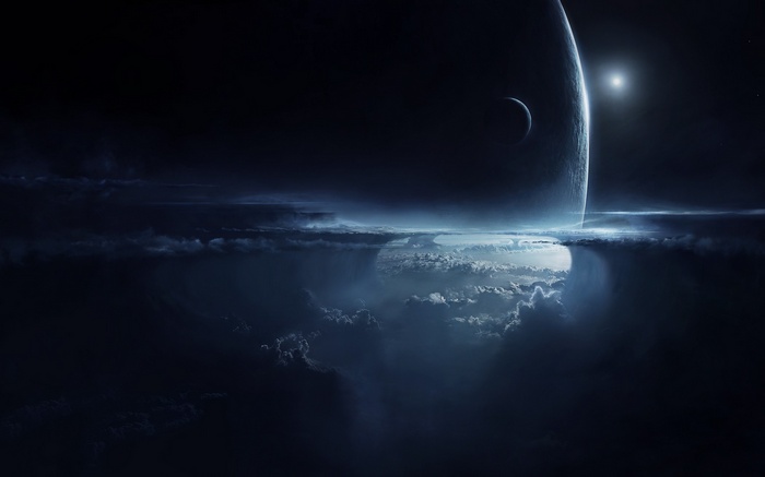 Space art with planets and clouds