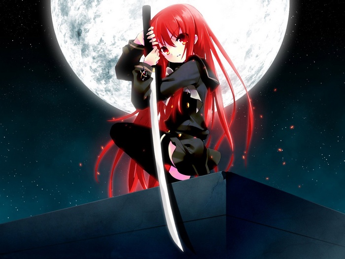 Shana from Shakugan no Shana with a sword under the moon