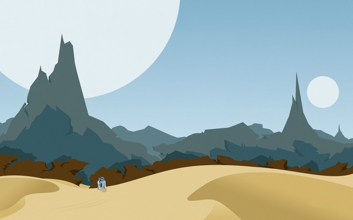 Star Wars R2-D2 on a desert planet with two moons