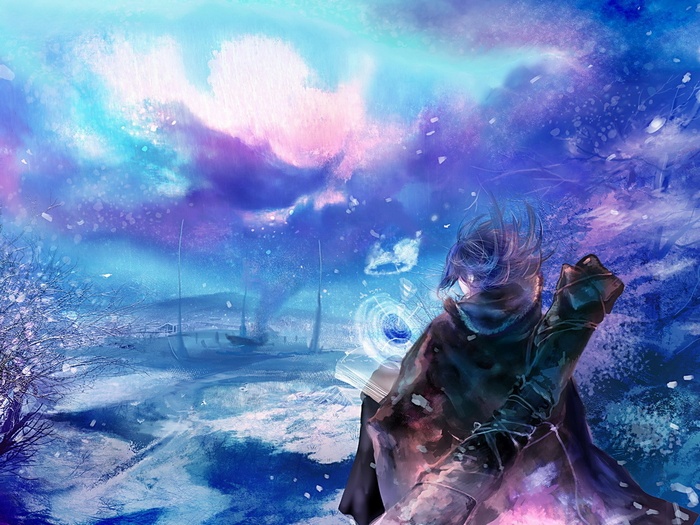 Anime character with magical aura in a snowy landscape