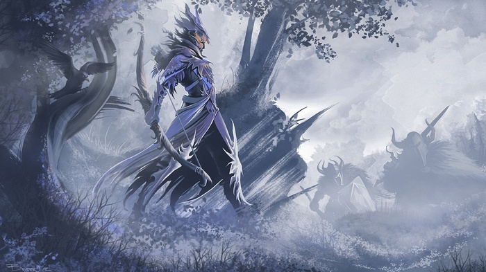 Fantasy archer with bow and crow in forest