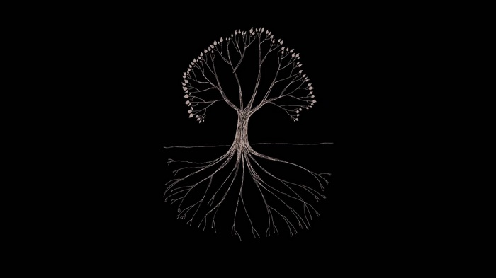 Gojira tree artwork with roots on black background