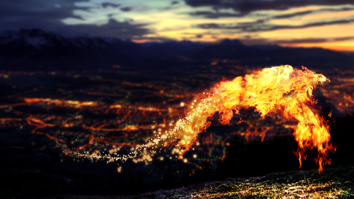 Phoenix made of fire flying over a city at dusk