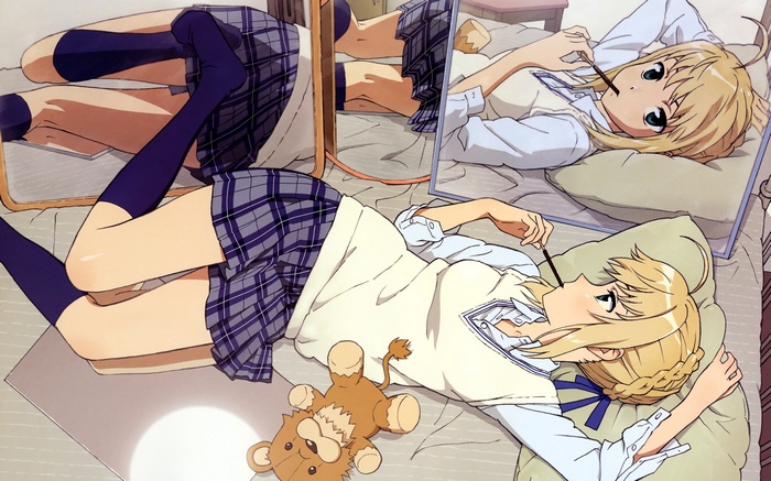 Saber eating Pocky in a school uniform