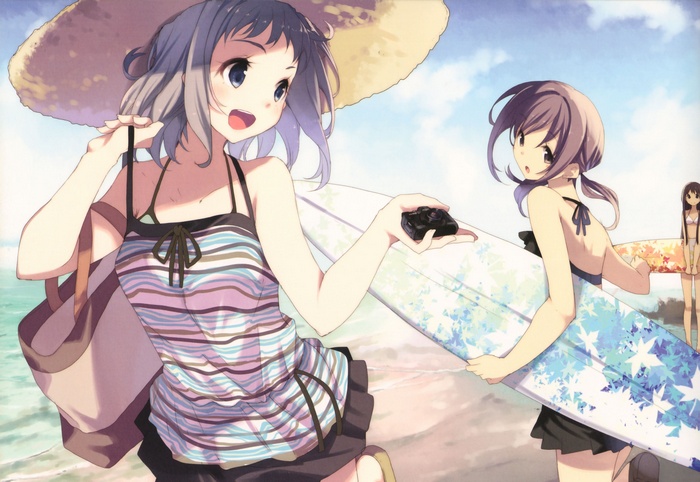 Anime girls with surfboards at the beach