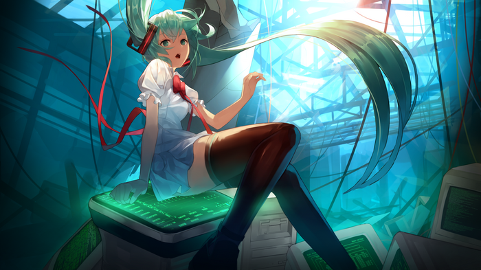 Hatsune Miku sitting on computers in a futuristic setting