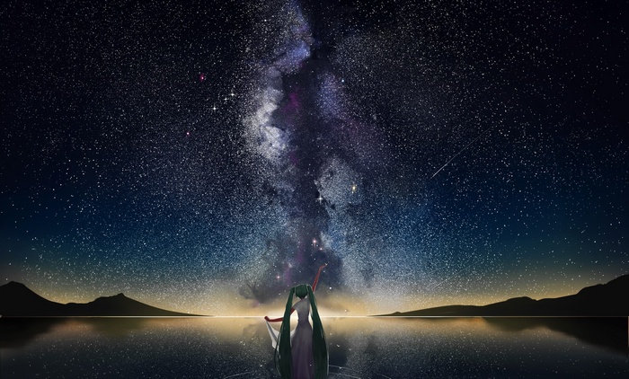 Hatsune Miku looking at the starry sky over a lake