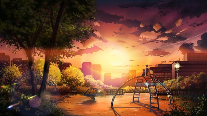 Anime cityscape with children at sunset