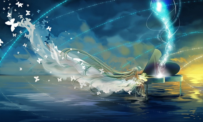 Hatsune Miku playing piano with butterflies and light swirls