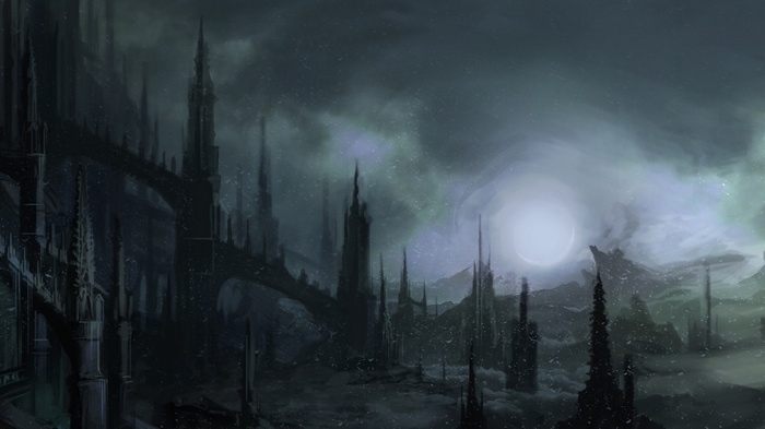 Dark gothic fortress under a stormy sky