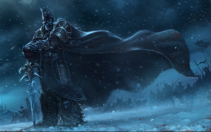 The Lich King Arthas Menethil with Frostmourne in a blizzard