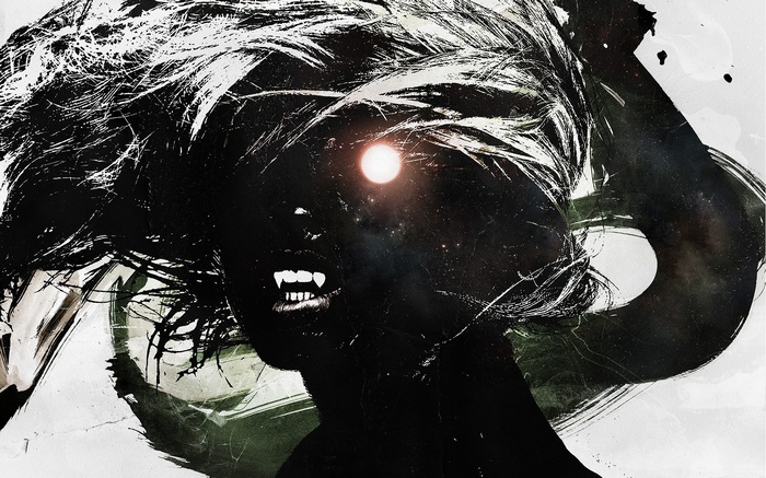 Abstract artwork of a vampire with glowing eyes