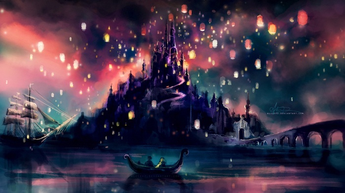 Tangled Castle with Lanterns and Boat