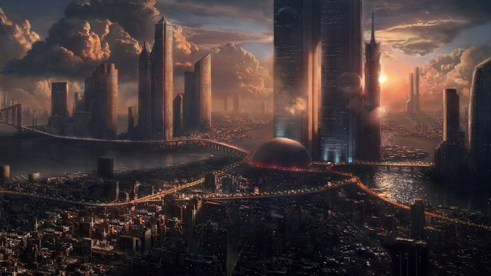 Futuristic cityscape with towering skyscrapers at sunset
