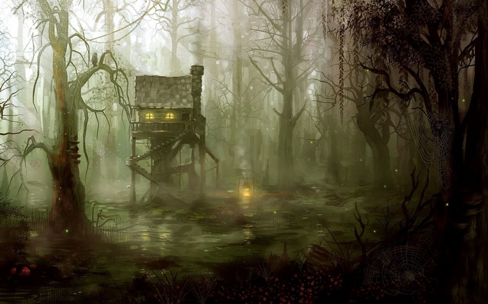 Fantasy swamp cabin in a misty forest