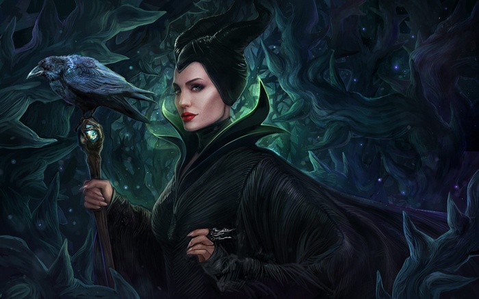 Maleficent with a crow on her staff