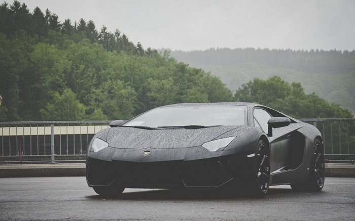 Black Lamborghini Aventador on a Rainy Day