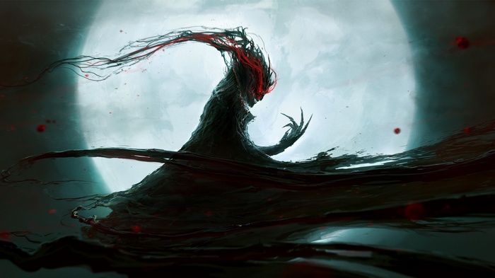 Dark creature with red eyes and tendrils