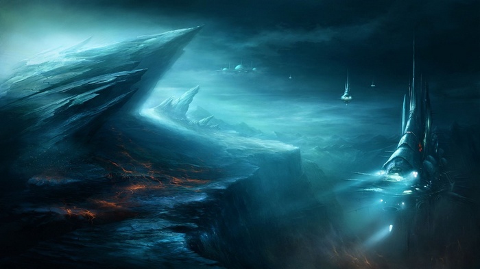 Alien landscape with spaceship and lava