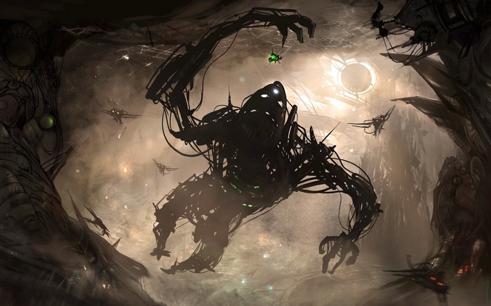 Giant mechanical creature in a dark, alien landscape