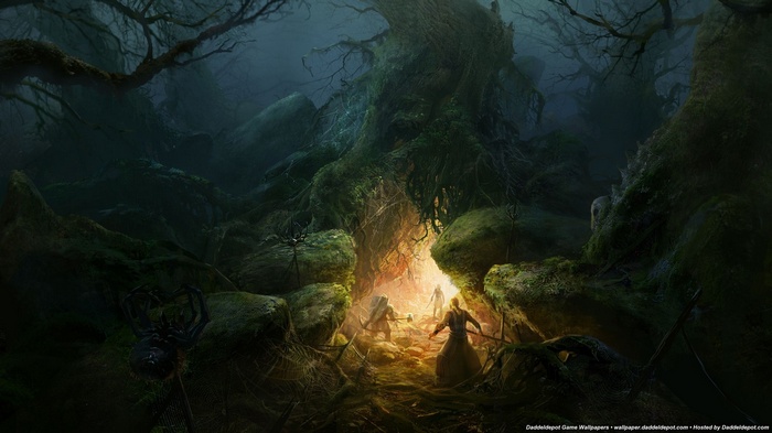 The Lord of the Rings: Three adventurers in a dark forest