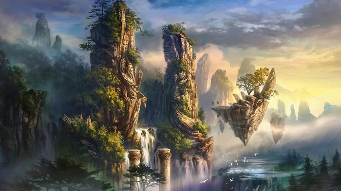 Fantasy art of floating islands and waterfalls