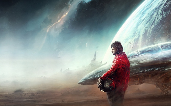 Man in red jacket on alien planet with spaceship
