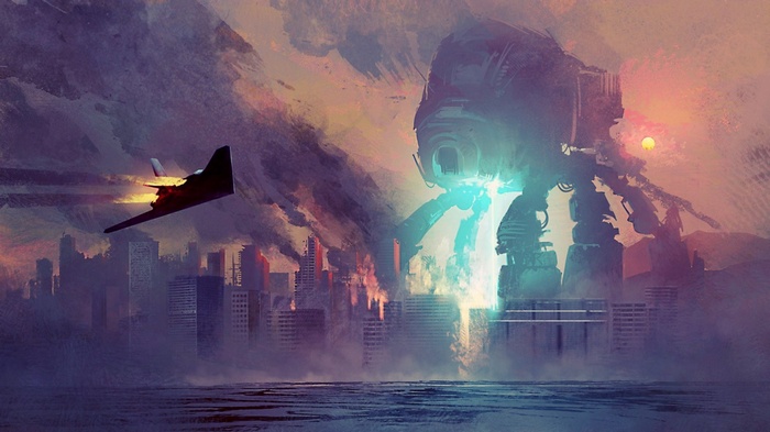 concept art, fantasy art, mech, city, aircraft, science fiction, artwork, robot