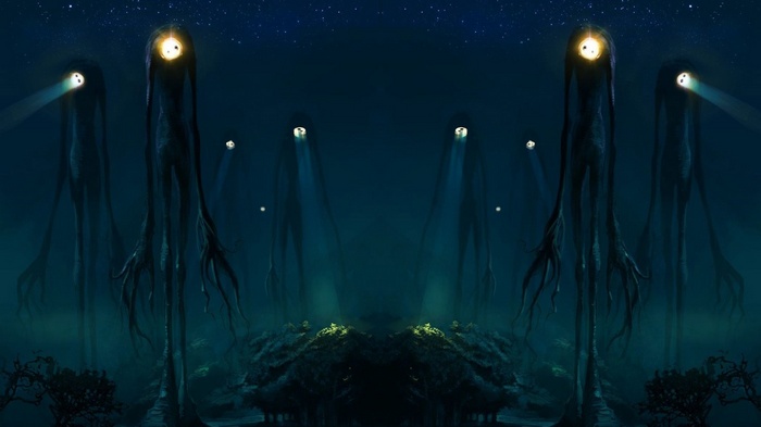 Fantasy art of tall creatures with lights